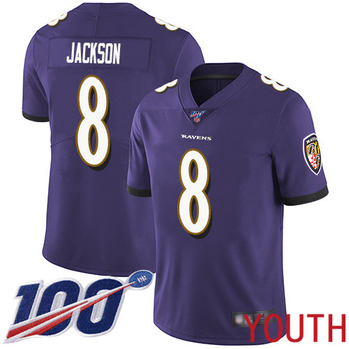 Baltimore Ravens Limited Purple Youth Lamar Jackson Home Jersey NFL Football #8 100th Season Vapor Untouchable->youth nfl jersey->Youth Jersey